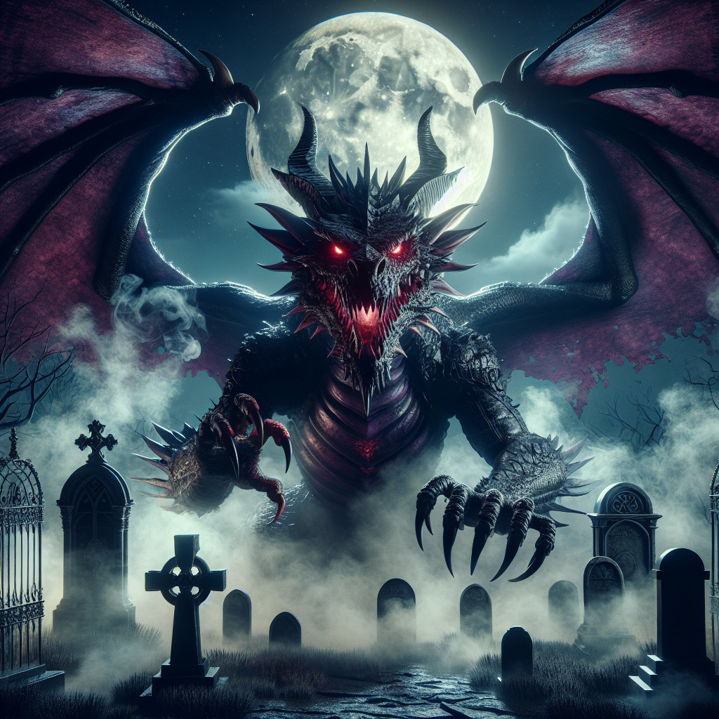 Dragon Over Graveyard with Glowing Red Eyes