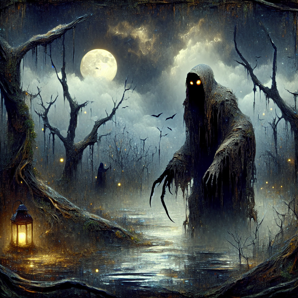 Ghostly Figure in Misty Swamp Landscape at Night