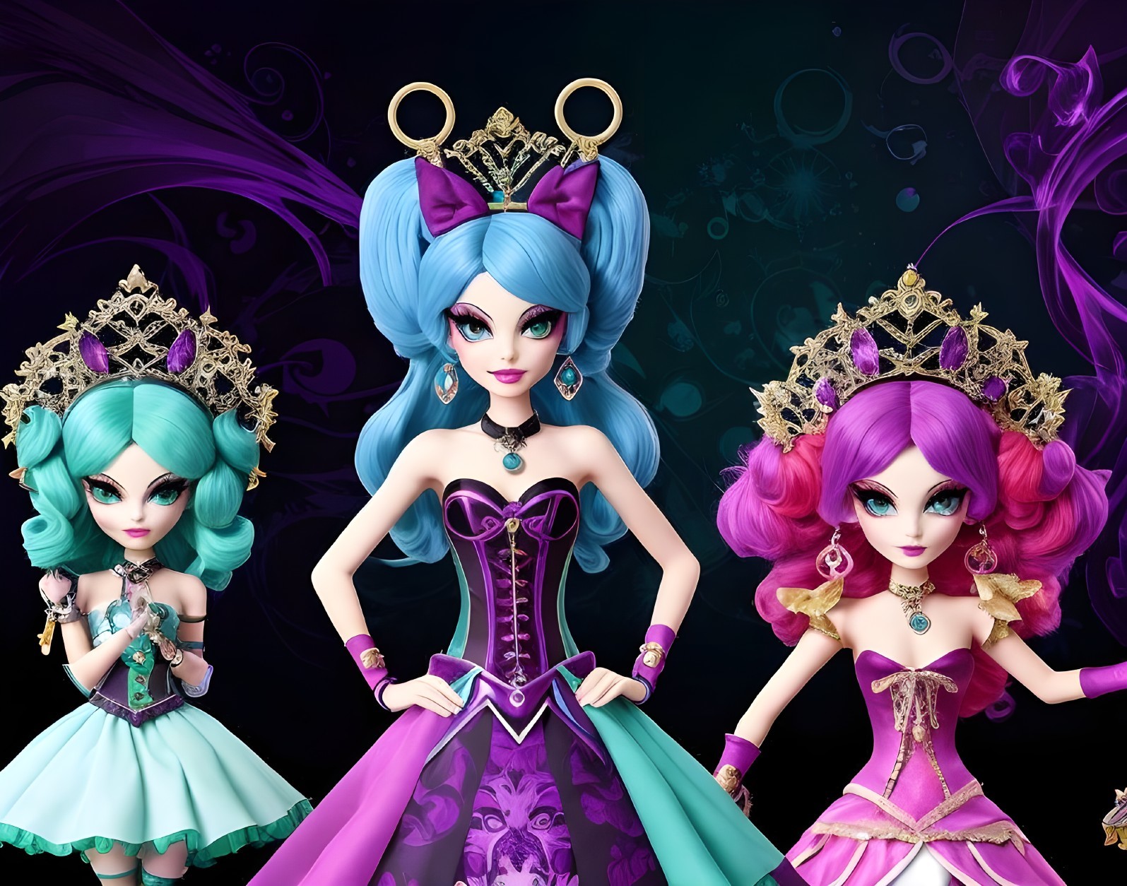 Three Enchanting Dolls in Regal Outfits and Crowns