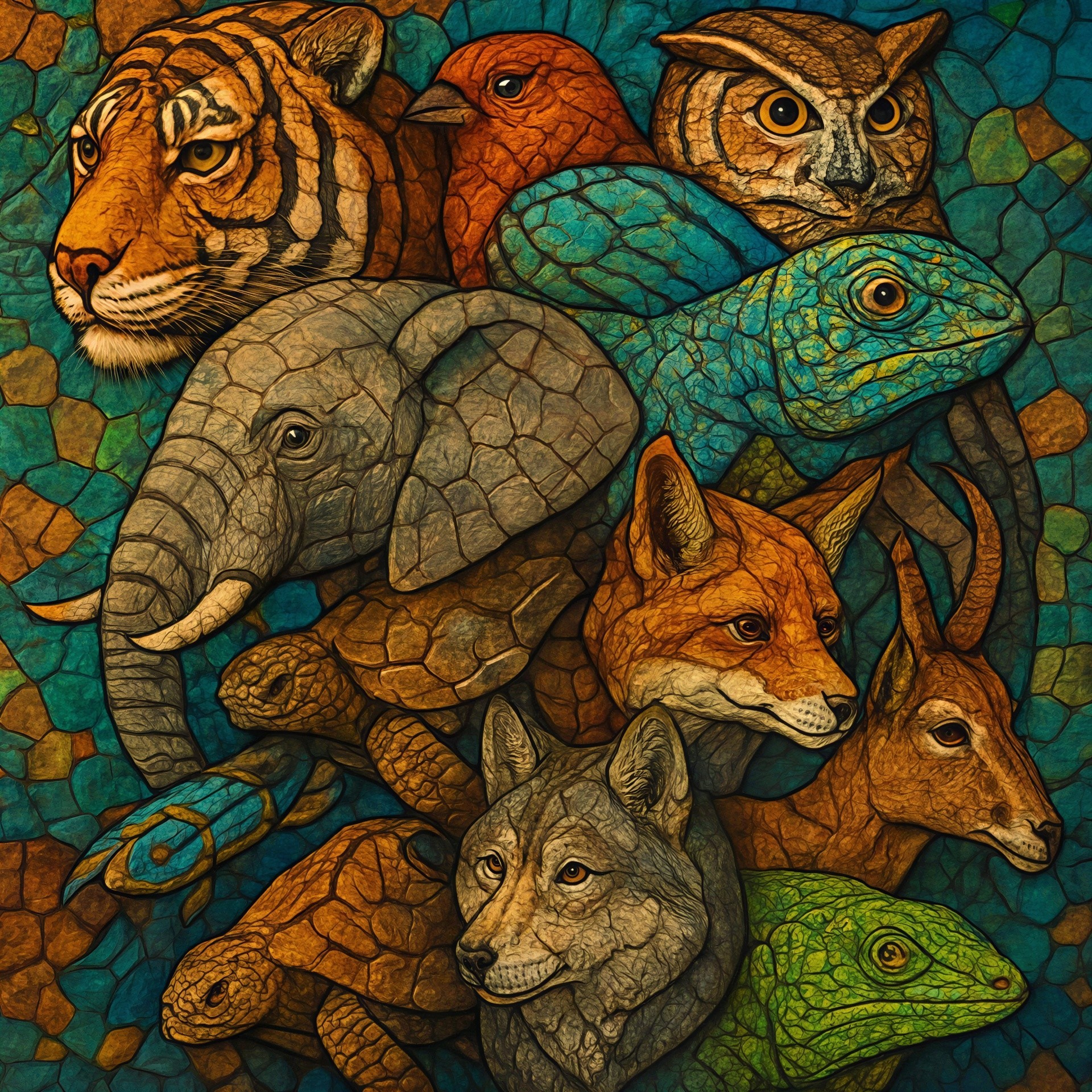 Vibrant Stained Glass Mosaic of Various Animals