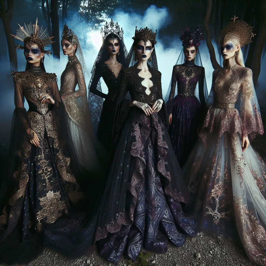 Regal Figures in Elaborate Gowns in Foggy Forest