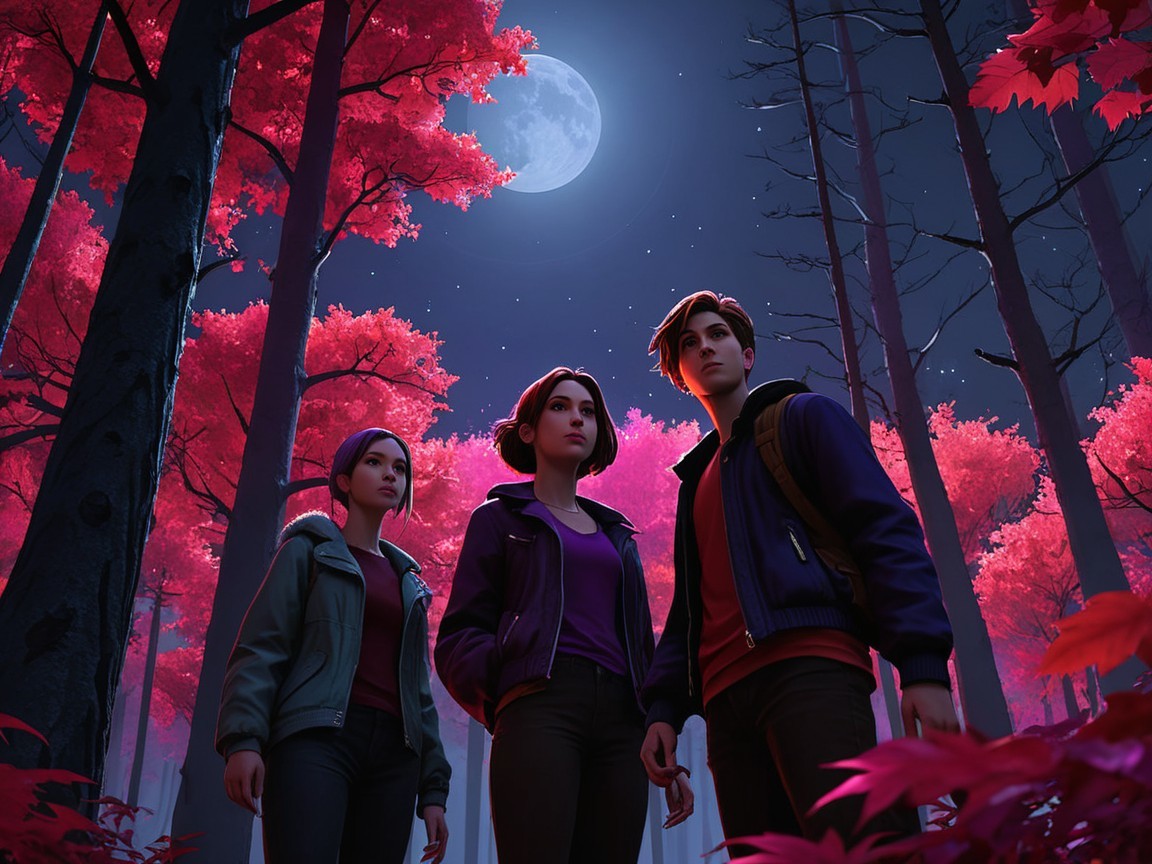 Mystical Forest Scene with Friends Under Moonlight