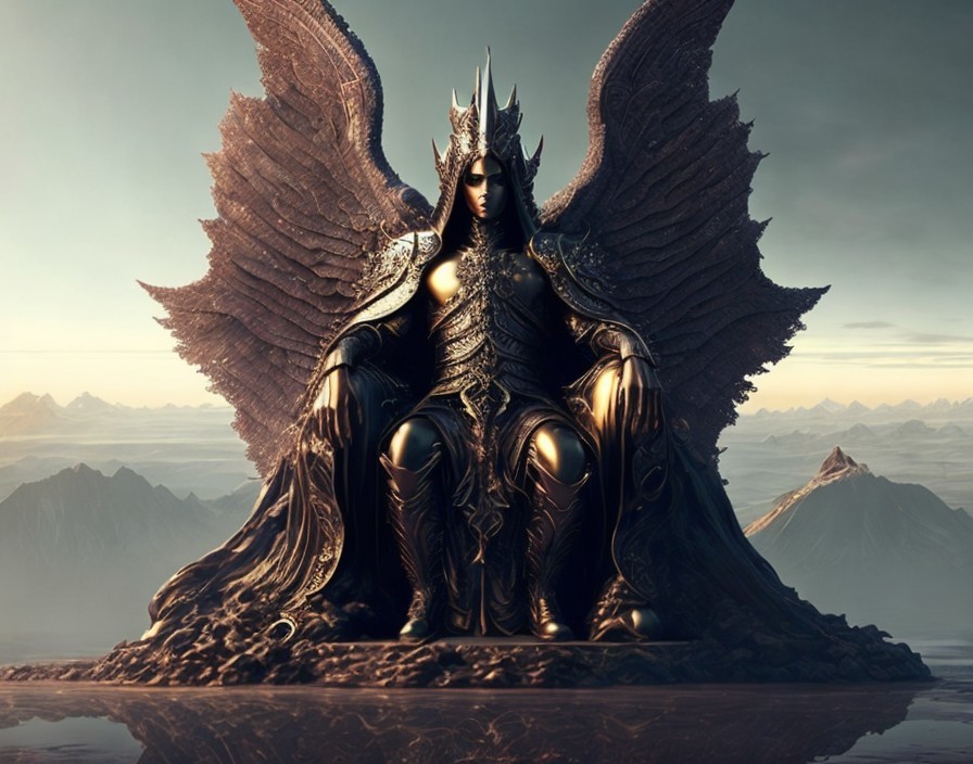 Majestic Figure in Ornate Armor with Wings and Landscape