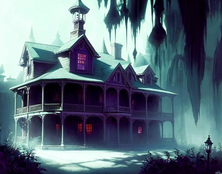 Victorian Mansion in Fog with Eerie Atmosphere