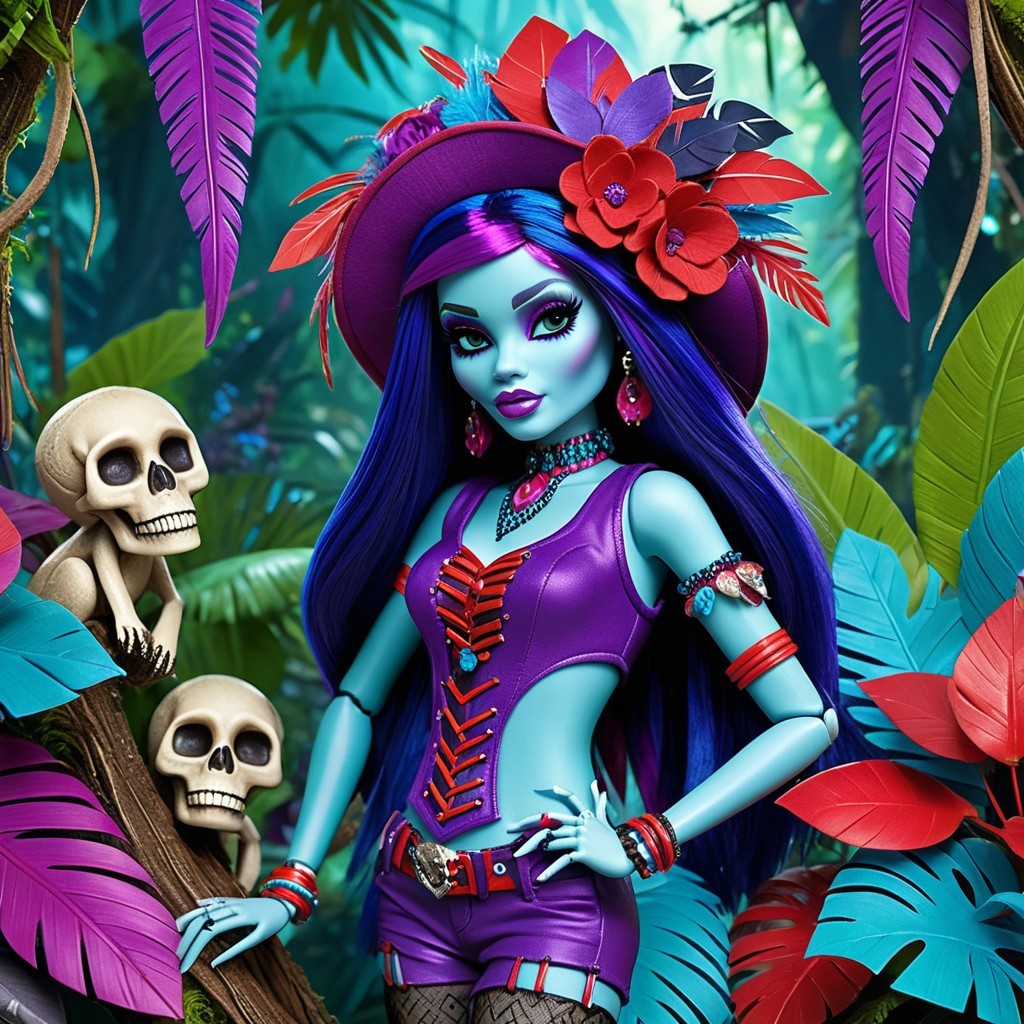 Stylish Doll in Vibrant Jungle with Unique Features