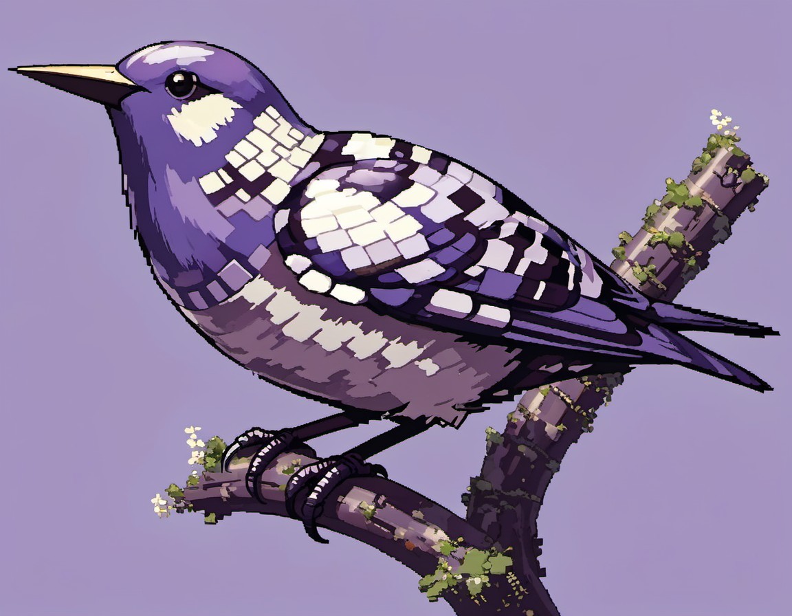 Vibrant Pixel Art Bird on Branch with Flowers