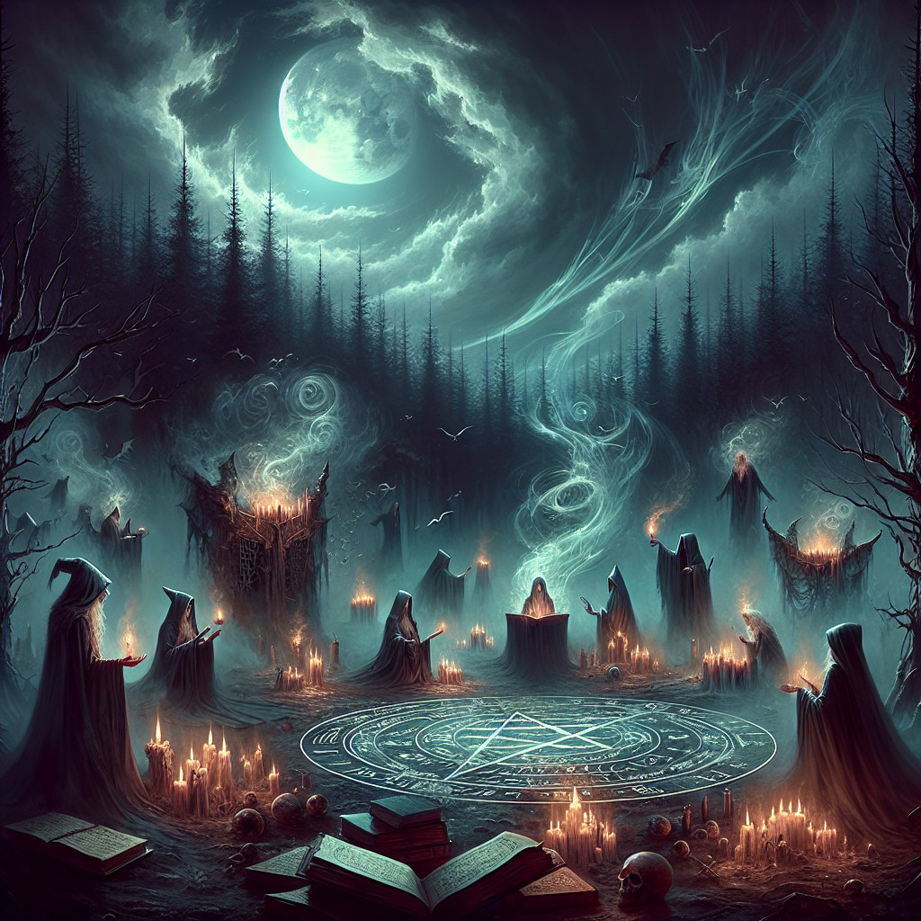 Cloaked Figures Gather Around Glowing Pentagram in Forest