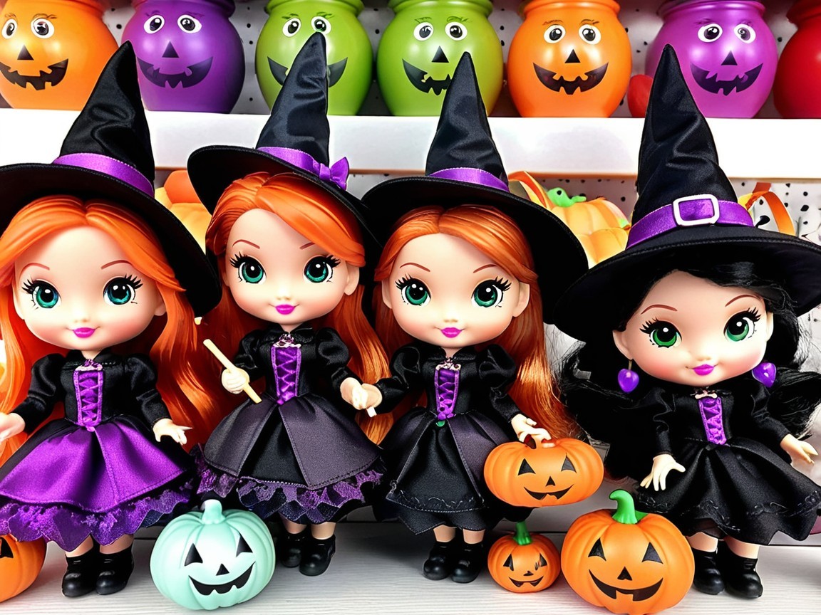 Charming Dolls Dressed as Witches with Halloween Decor