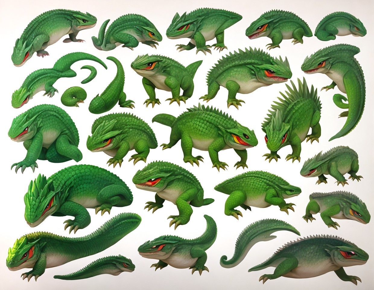 Vibrant Collection of Green Lizard-Like Creatures