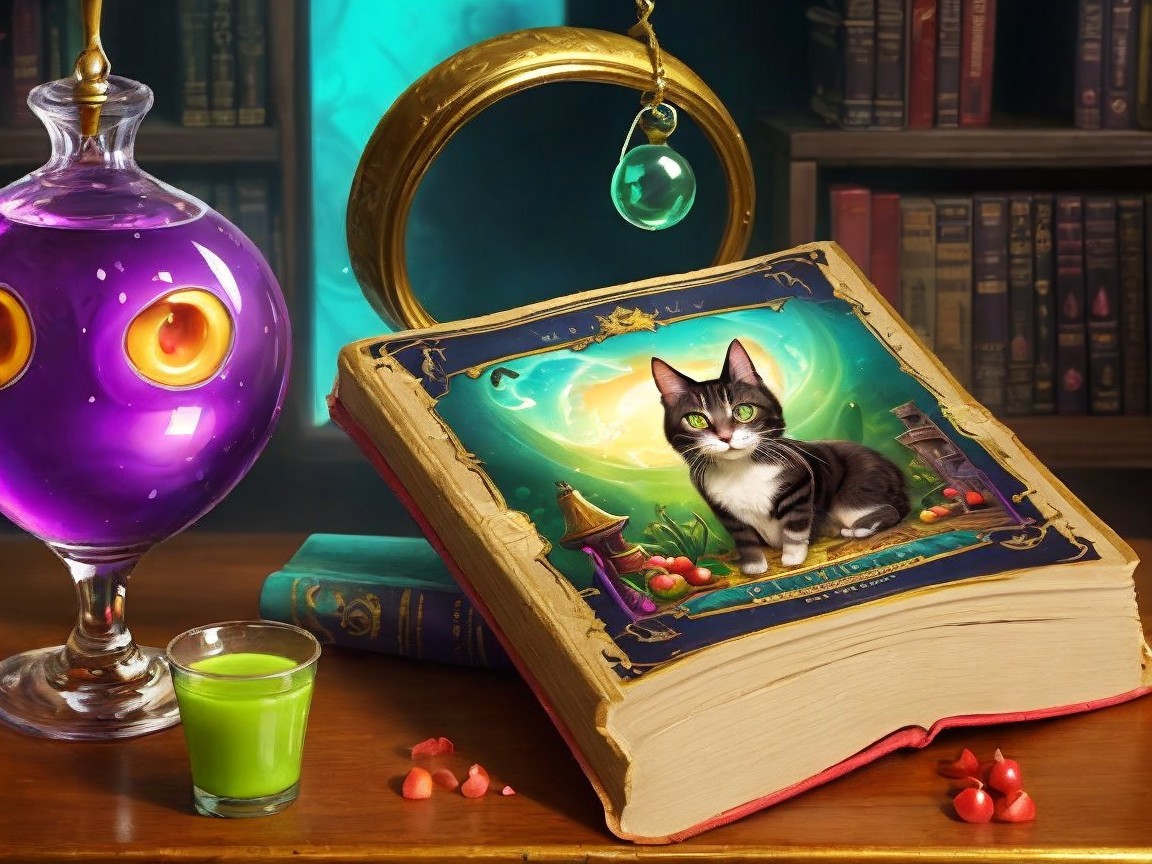 Whimsical Book Scene with Cat and Magical Potions