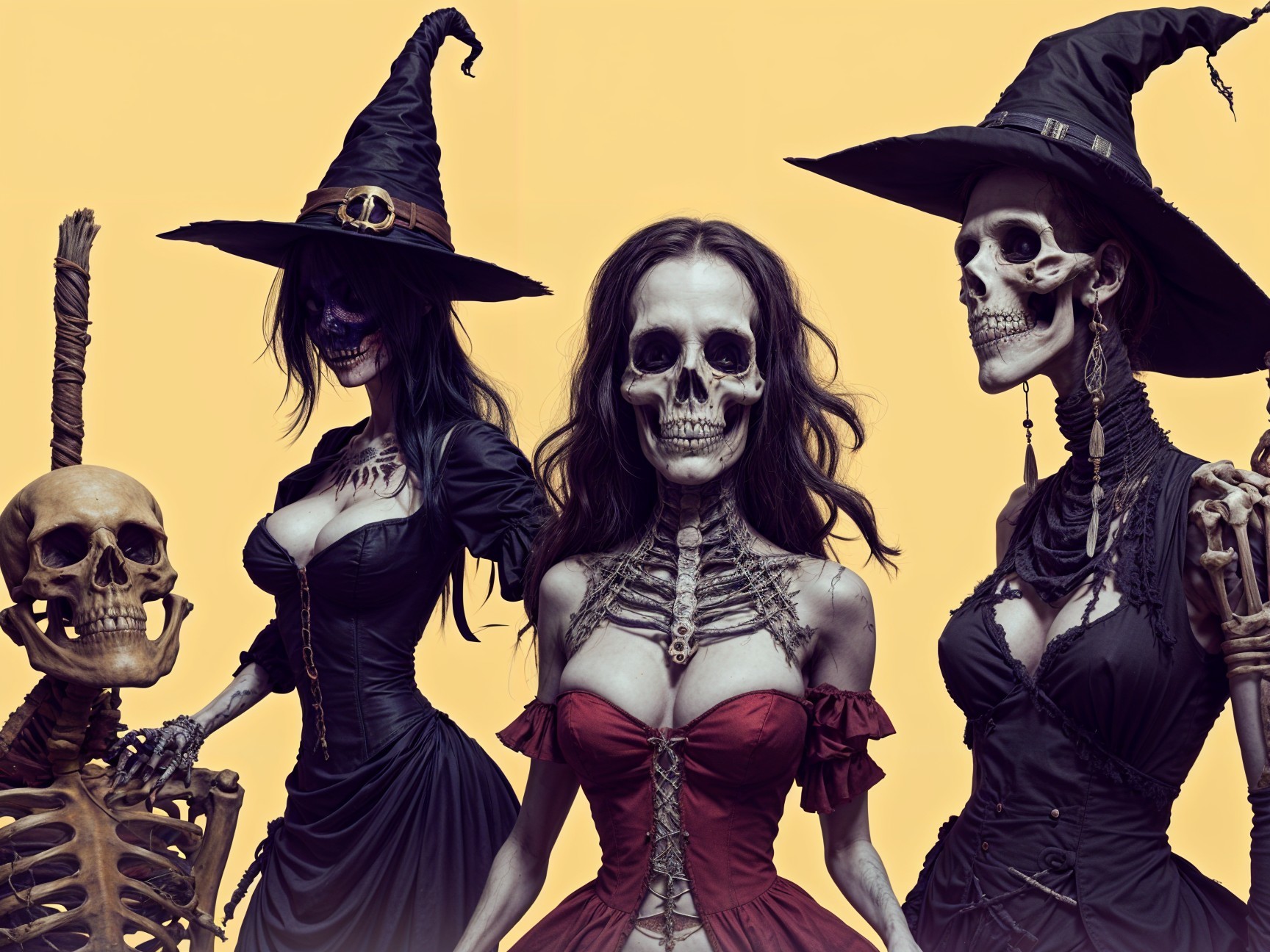 Elegant Skeletons in Witch Hats Against Yellow Background