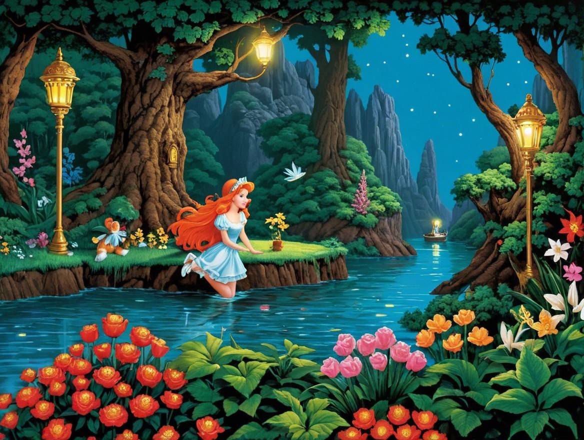 Enchanted Forest Scene with Moonlight and Flowers