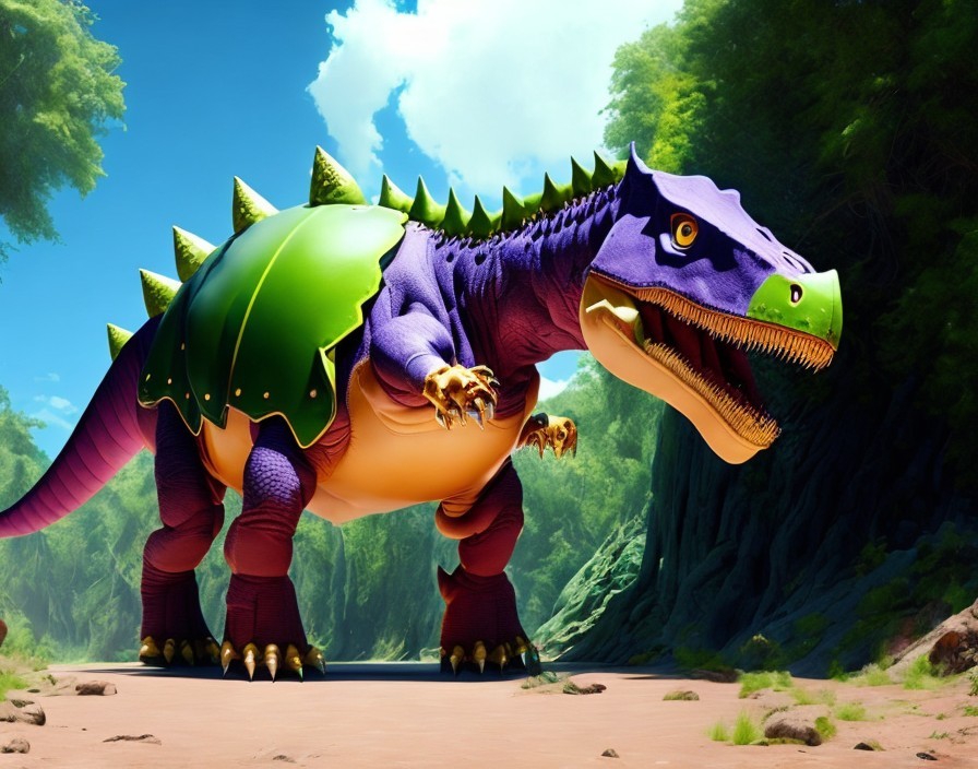 Vibrant Cartoon Dinosaur in Lush Green Landscape