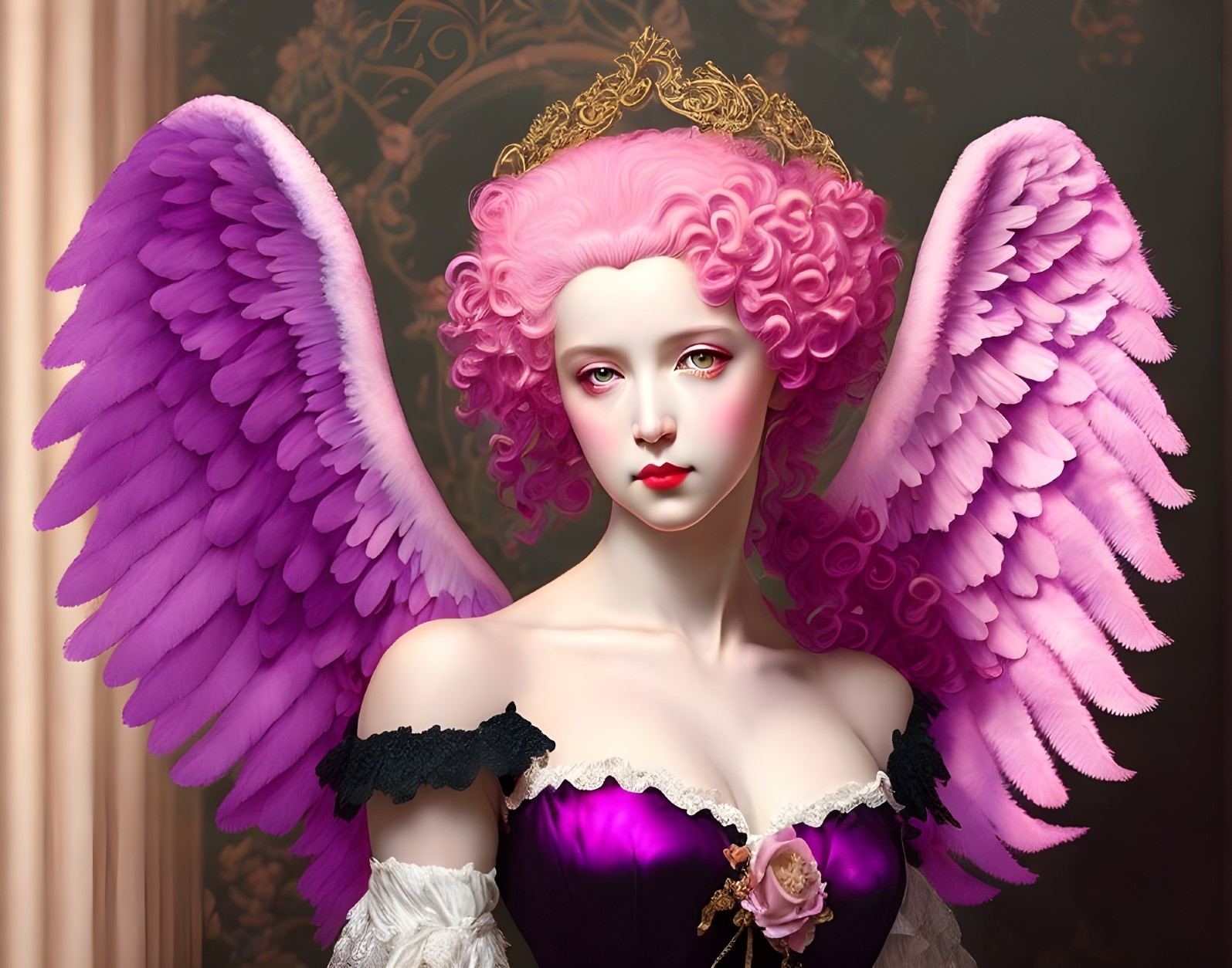 Ethereal figure with pink hair and purple wings
