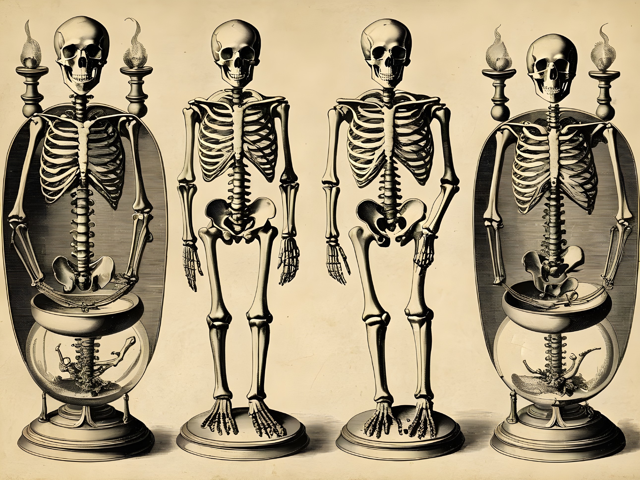 Stylized Skeletons in Ornate Glass Containers