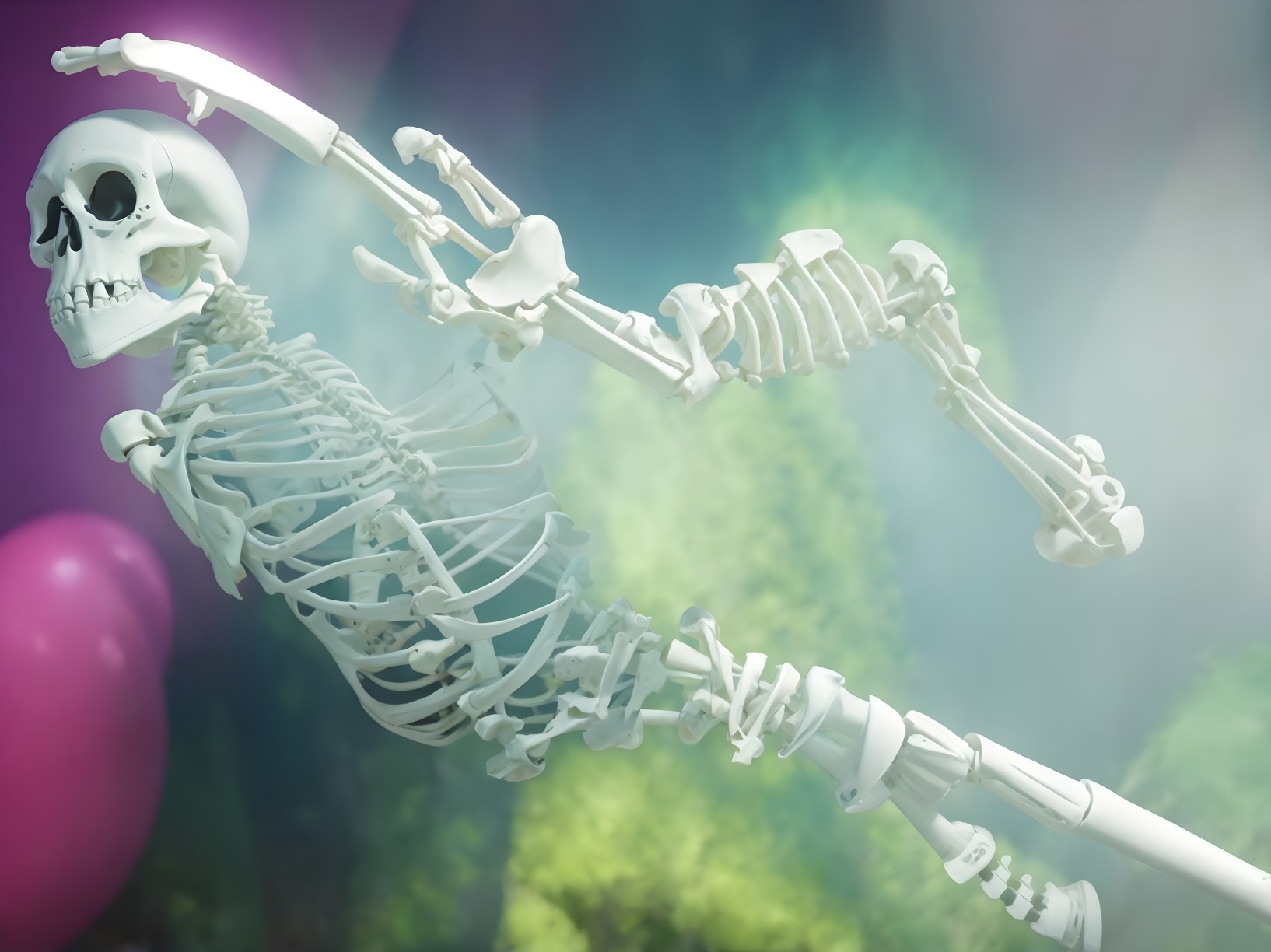 Lifelike skeleton in a misty, colorful atmosphere
