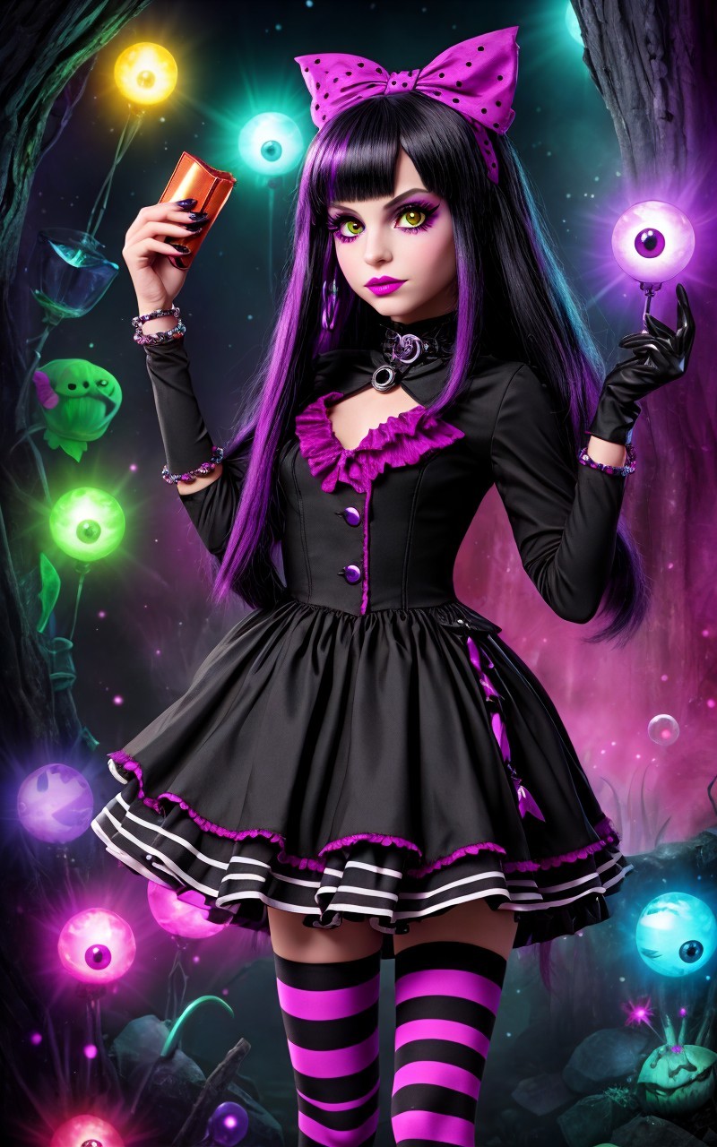Gothic-Inspired Doll in Mystical Setting with Orbs