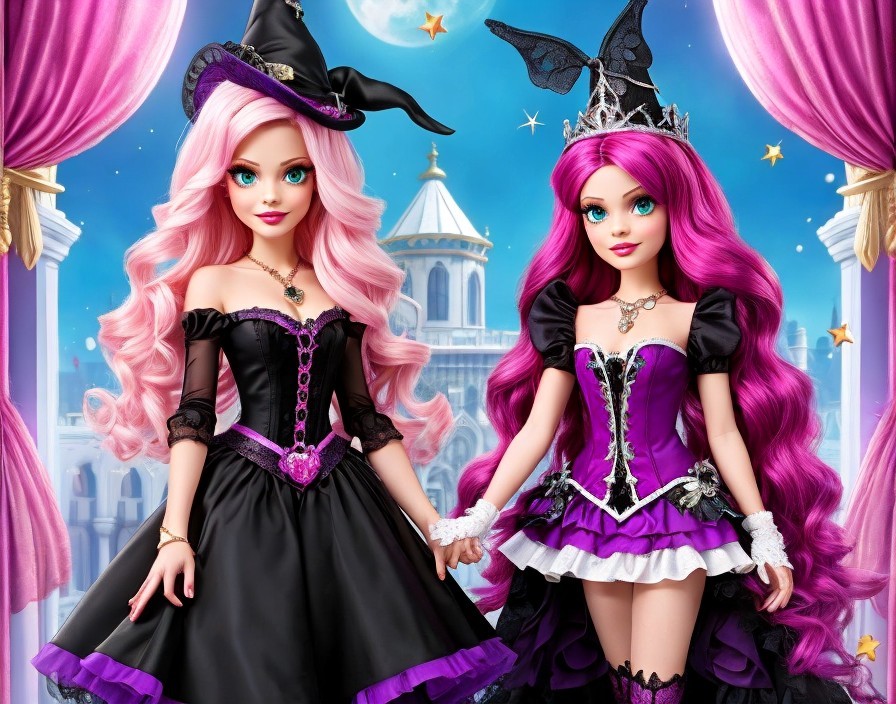 Stylish Dolls in Enchanting Costumes with Castle Backdrop