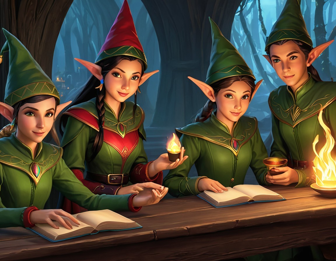 Elves in Green Attire Exploring Magic in a Forest