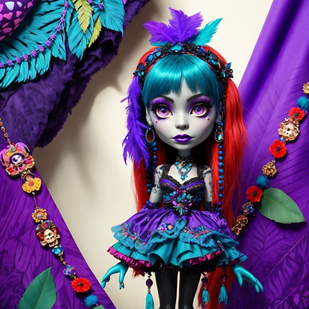 Doll with Blue and Red Hair in Whimsical Setting