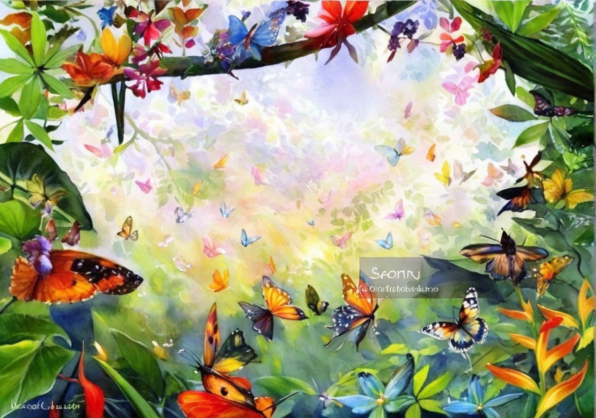 Colorful Butterflies Among Tropical Flowers and Foliage