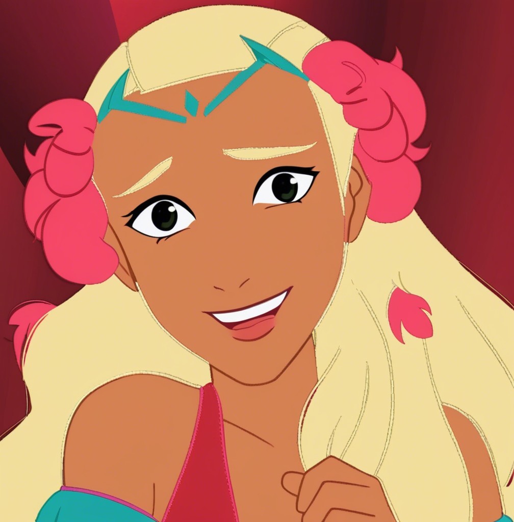Cheerful animated girl with blonde hair and flowers