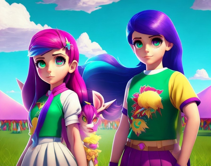 Fantasy Landscape with Colorful Hair and Outfits