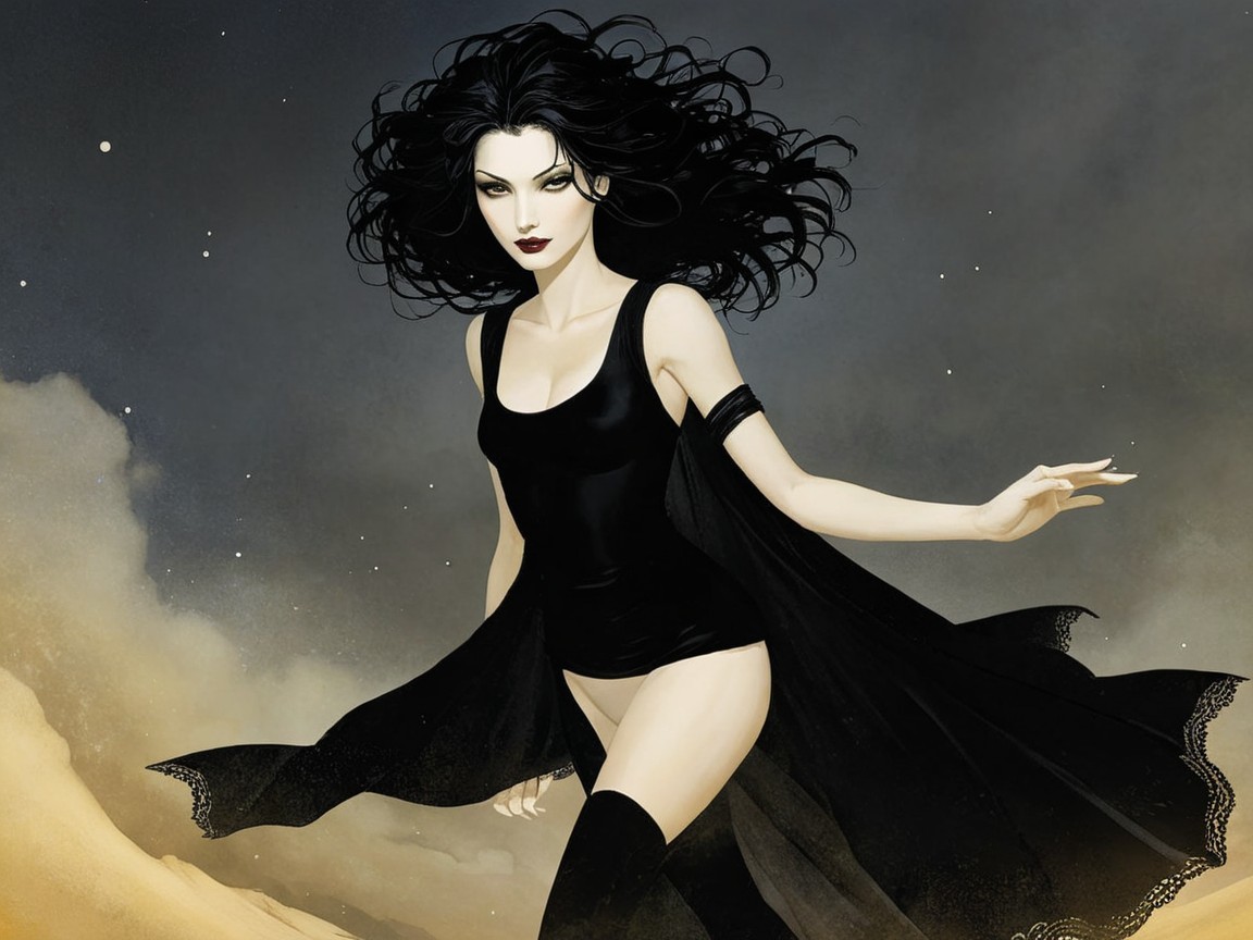 Mysterious Figure in Black Bodysuit and Sheer Cape