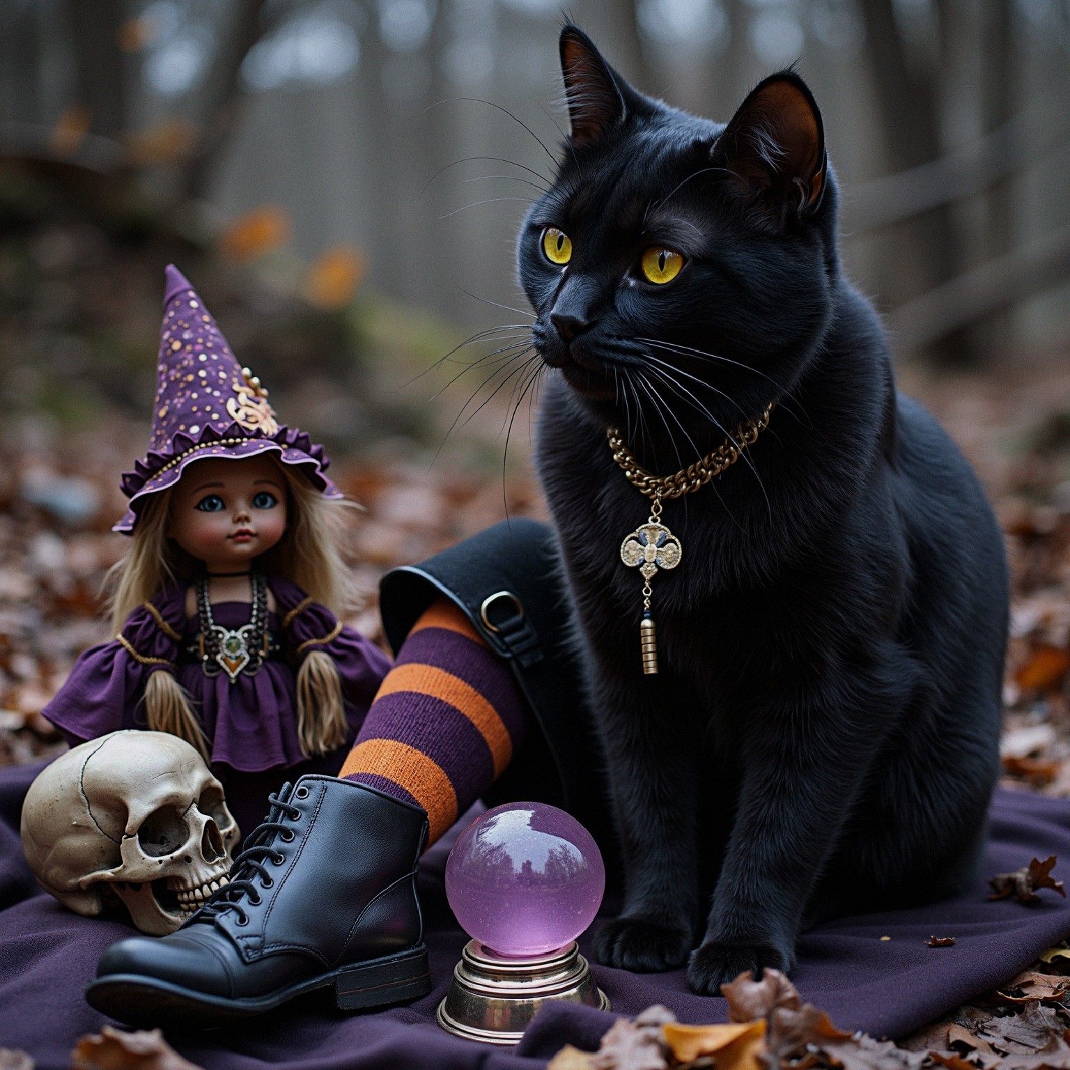 Black Cat and Vintage Doll in Mystical Forest Scene
