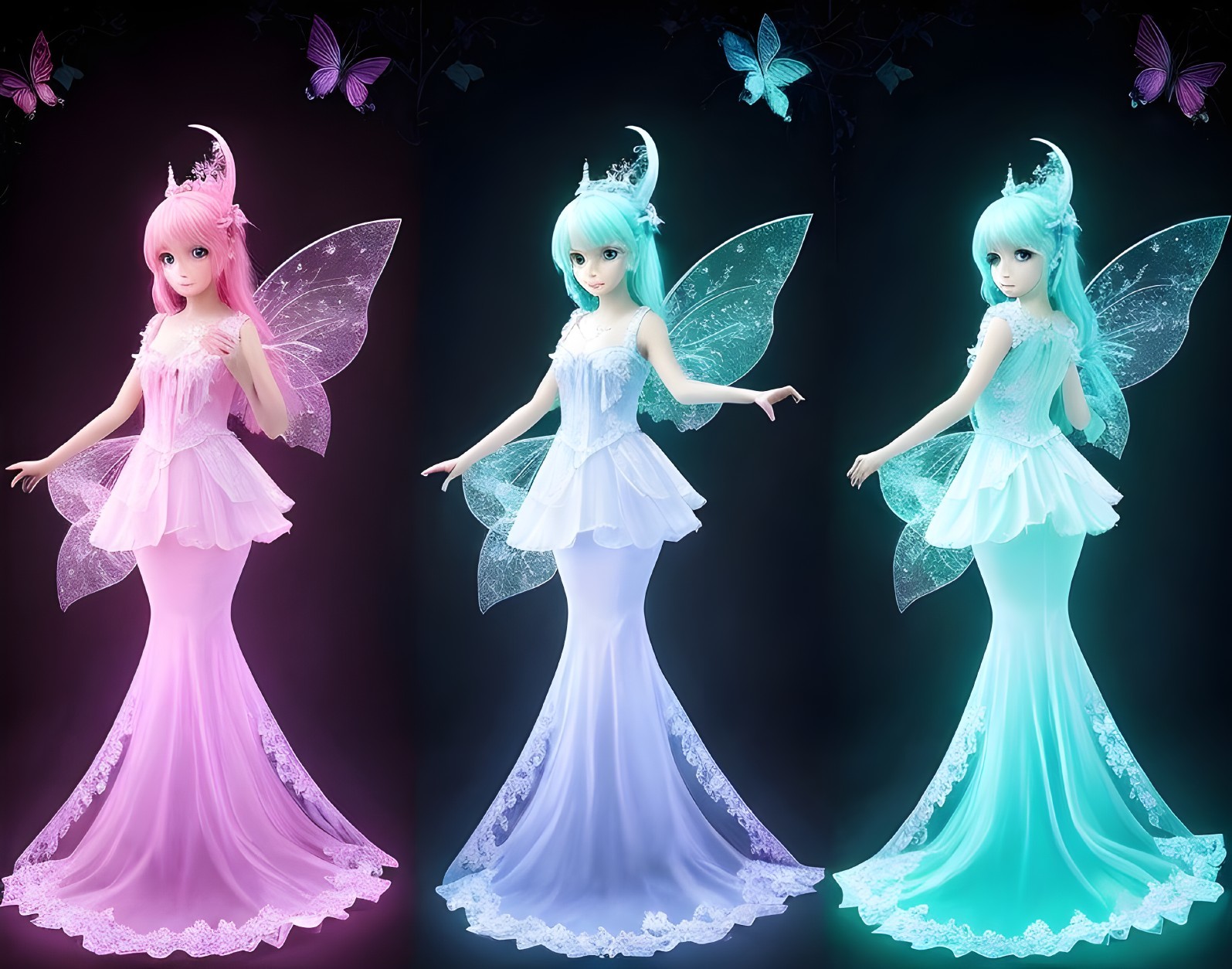 Three Fairies with Pastel Hair and Translucent Wings