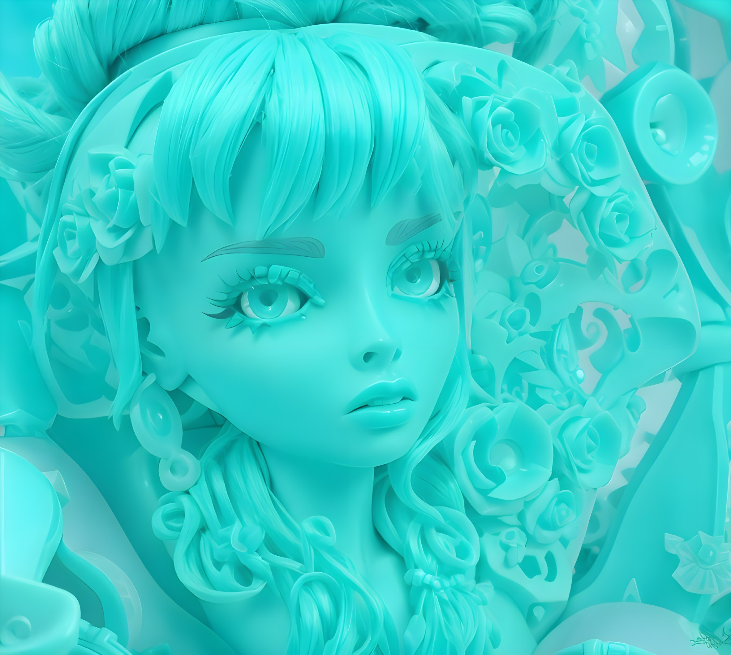 Sculpture with Expressive Eyes and Floral Background