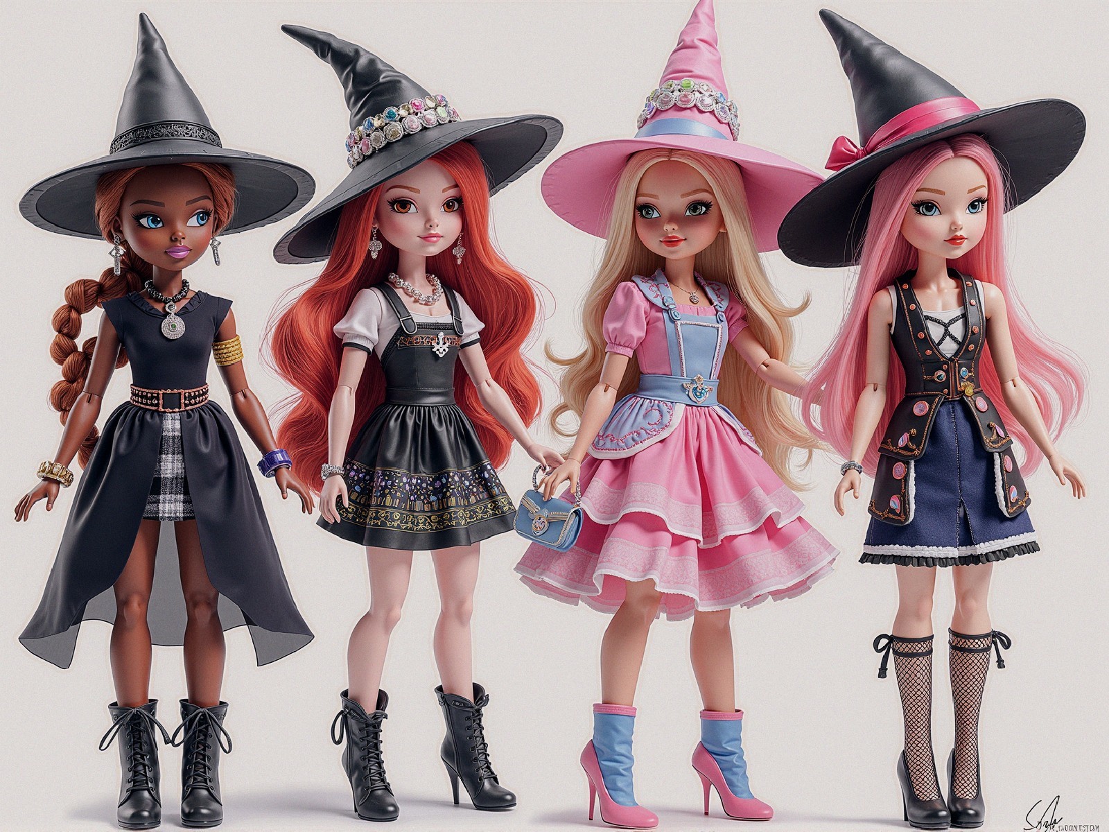 Stylish Dolls with Unique Witch Hats and Outfits