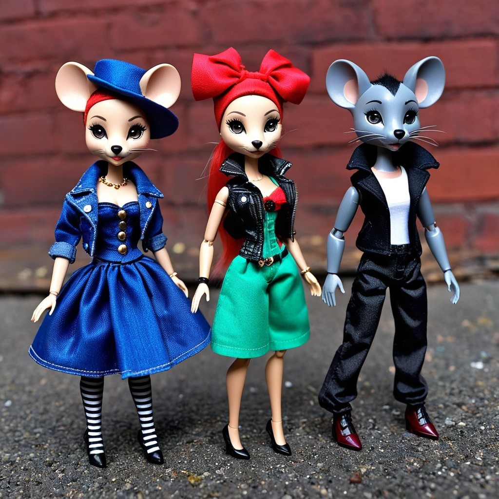 Stylized mouse-inspired dolls in playful outfits