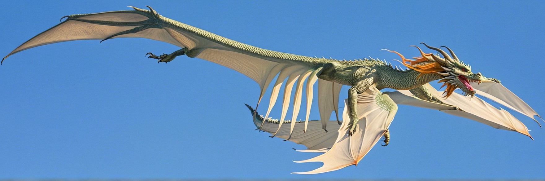 Majestic dragon soaring in clear blue sky with details