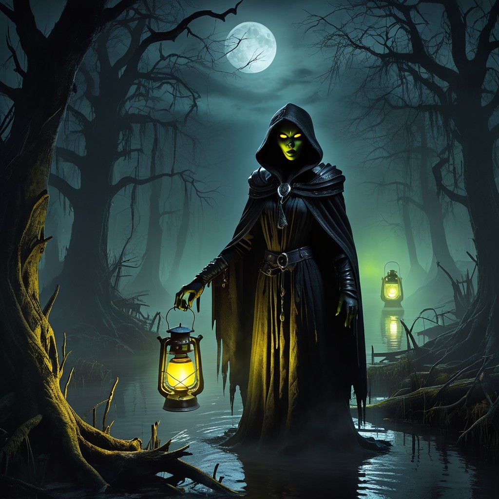 Cloaked Figure in Eerie Forest by Misty Swamp