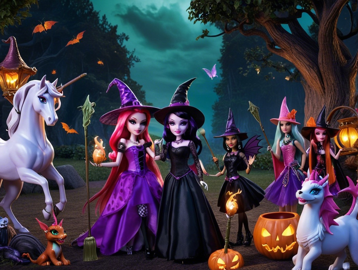 Whimsical Halloween Scene with Witch Dolls in Forest