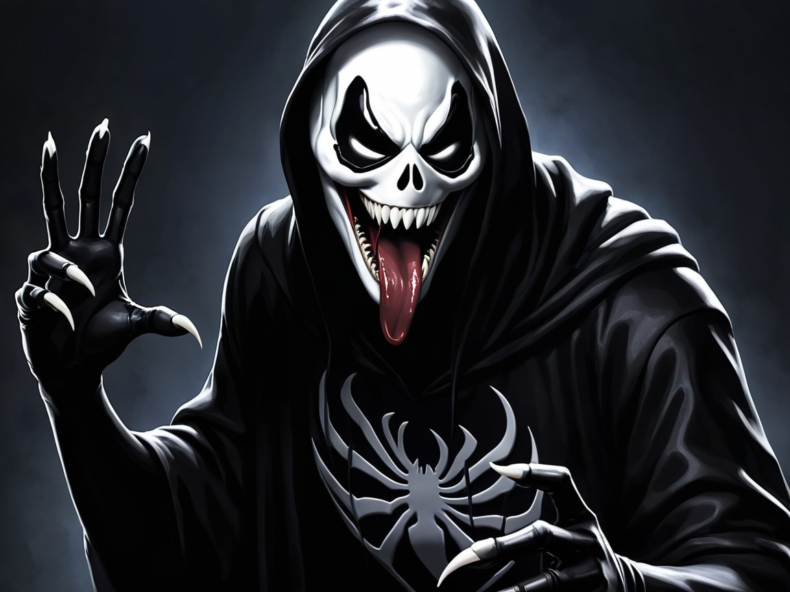 Sinister figure in dark cloak with skull face and claws