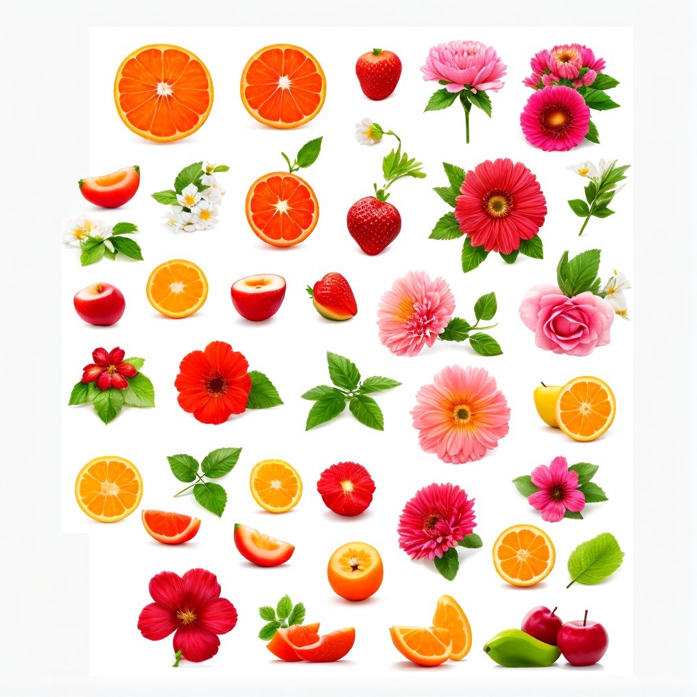 Vibrant Arrangement of Fruits and Flowers on White Background