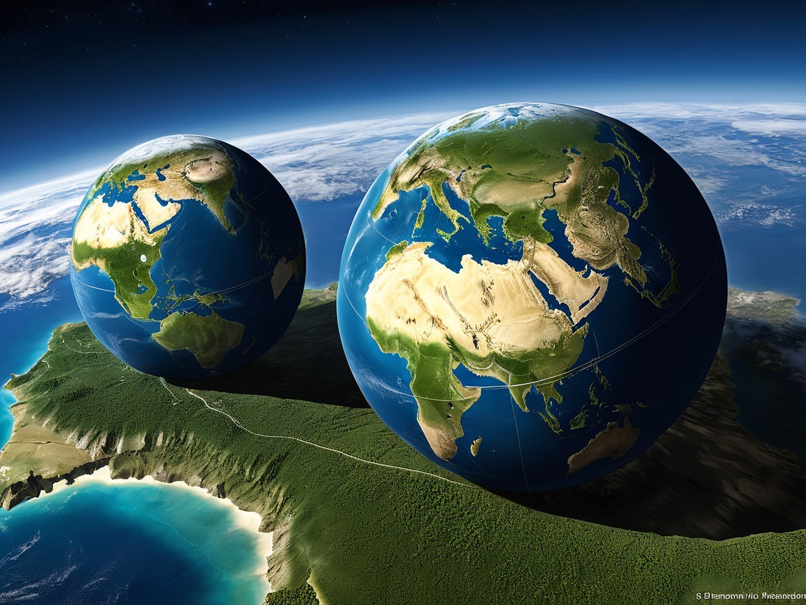 Detailed Earth Globes Above a Lush Green Landscape