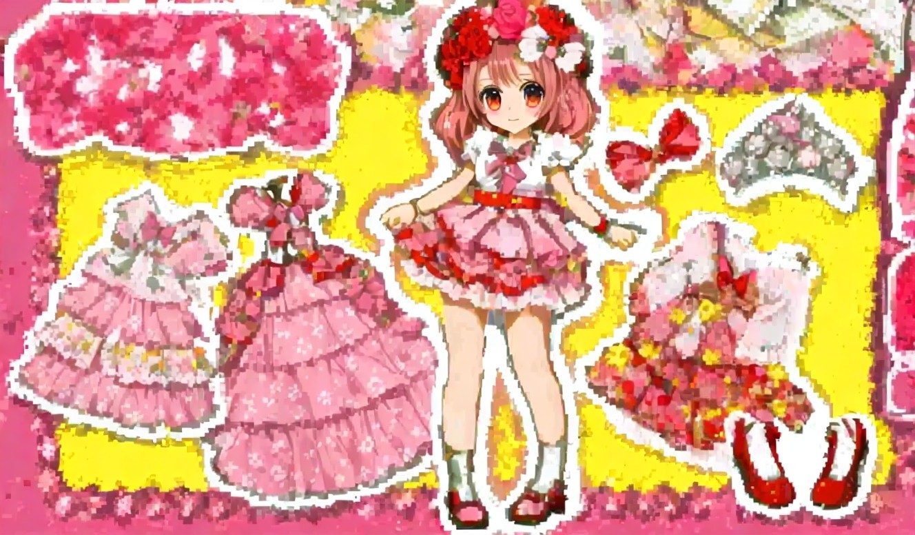 Cute character in pink dress with floral patterns