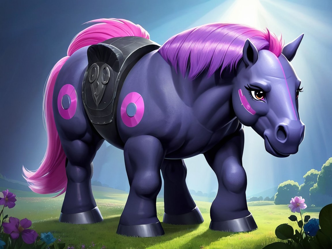 Cartoon Purple Pony in Sunlit Meadow Setting