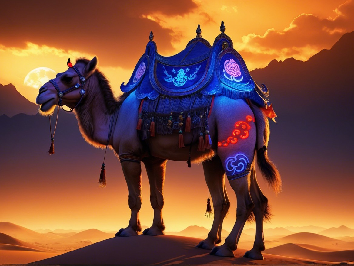 Camel on Sand Dune at Vibrant Sunset in Desert