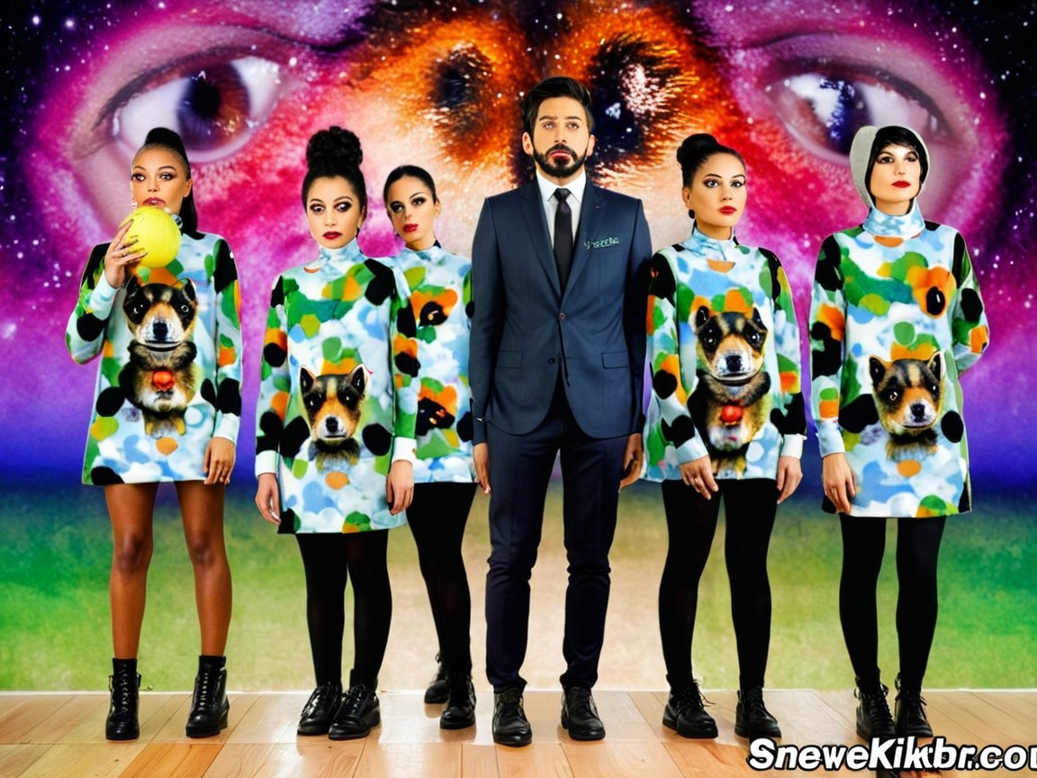 Whimsical Scene of Man and Women in Dog-Patterned Fashion