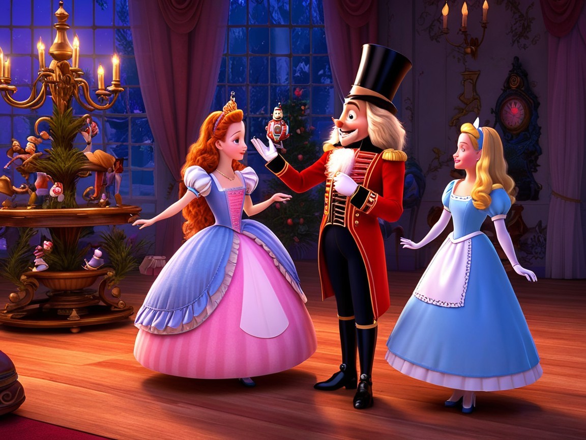 Festive Room with Nutcracker and Colorful Dresses
