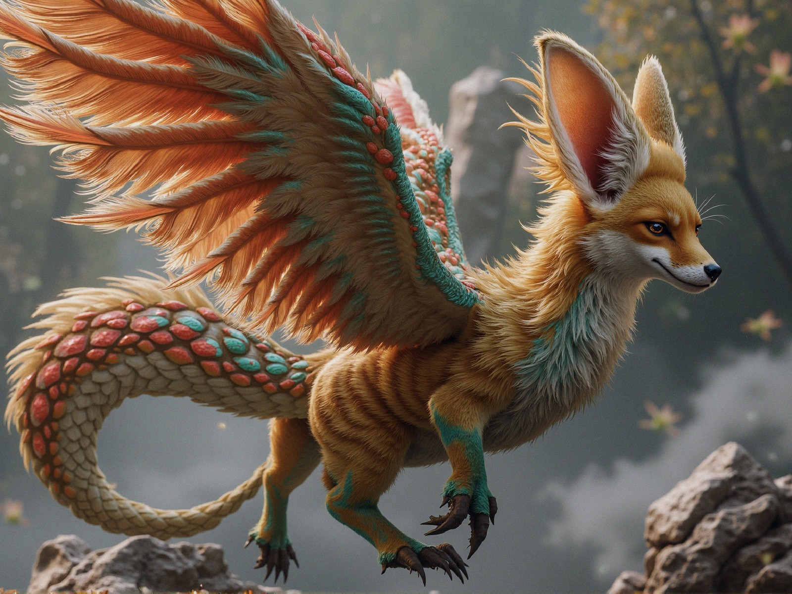 Fox-like creature with feathered wings in a forest