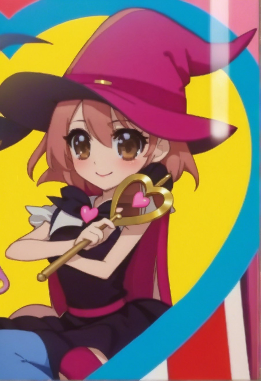 Cheerful anime character in witch hat and heart staff