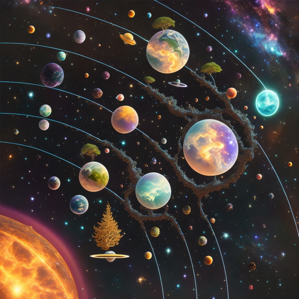 Vibrant Cosmic Scene with Colorful Planets and Galaxies