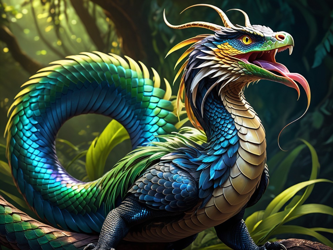 Vibrant mythical dragon in lush green foliage