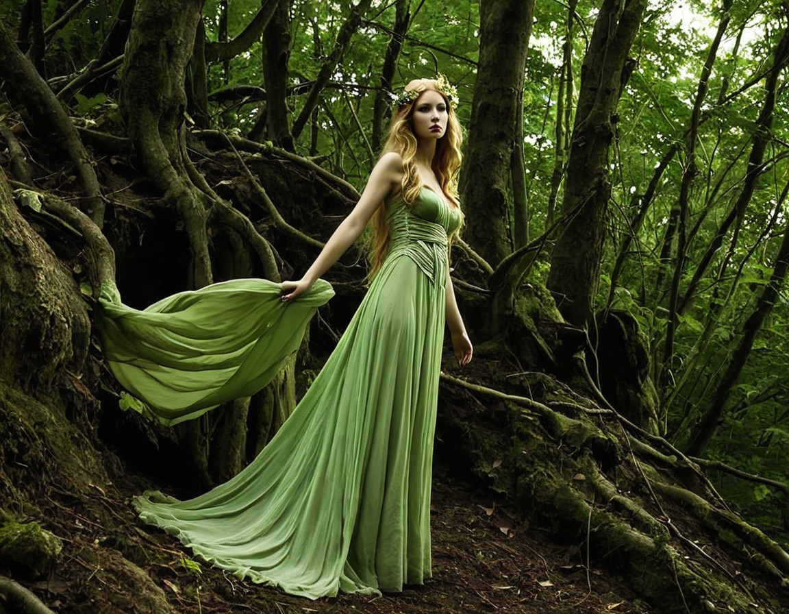 Young woman in green gown in lush forest setting