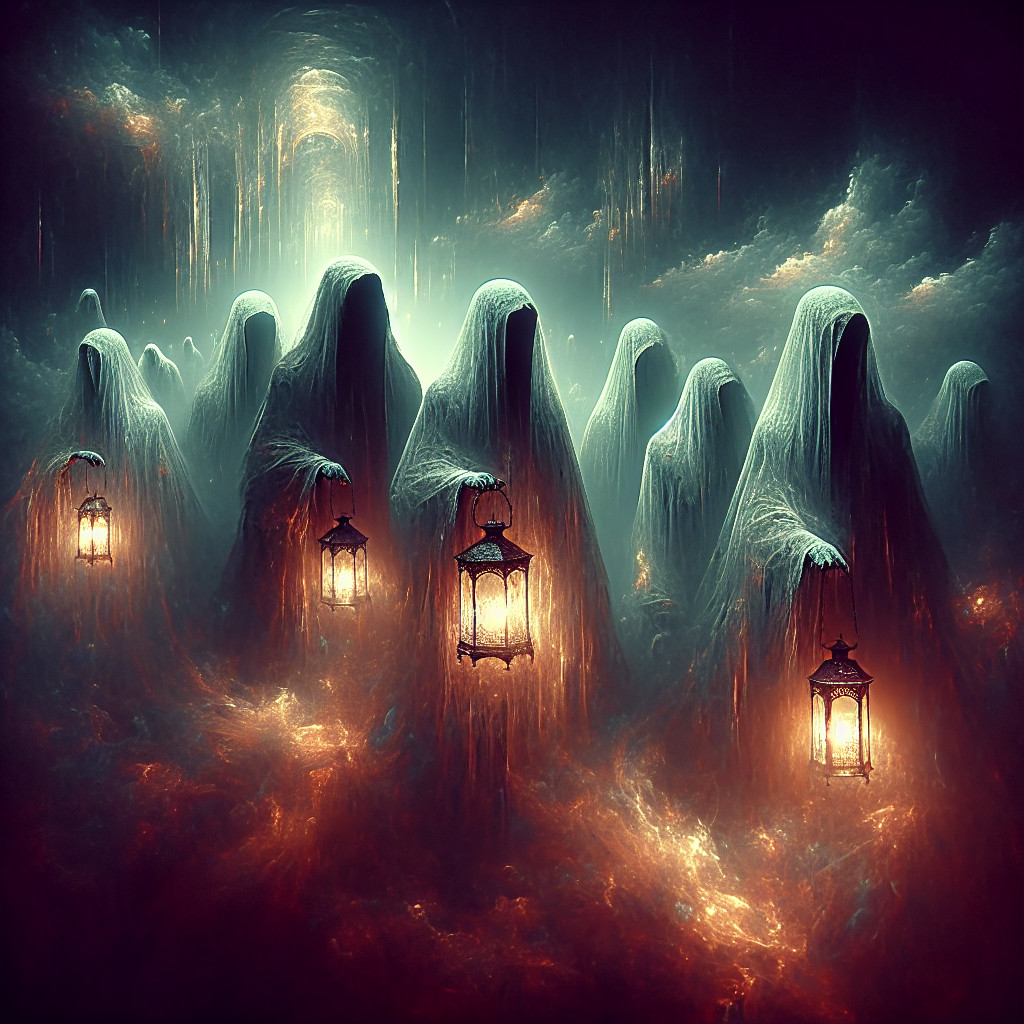 Ghostly Figures in an Ethereal Landscape with Lanterns